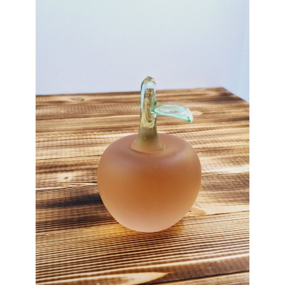 Crowning Touch Satin Frosted Glass Peach Paperweight - Green Art Glass Leaf 3x2"
